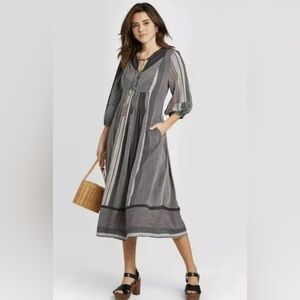 UNIVERSAL THREAD Midi Dress Puff Long Sleeves Deep V-neck Stripe Grey Women's M